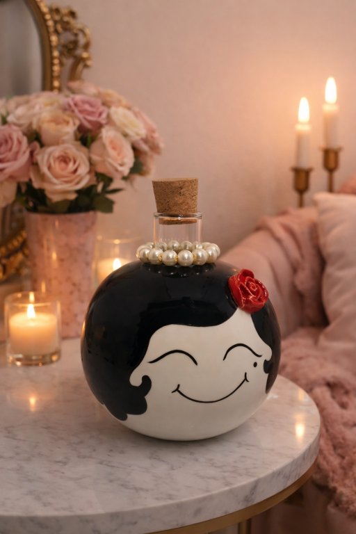 vasetto in ceramica dipinto a mano con faccina sorridente e perle